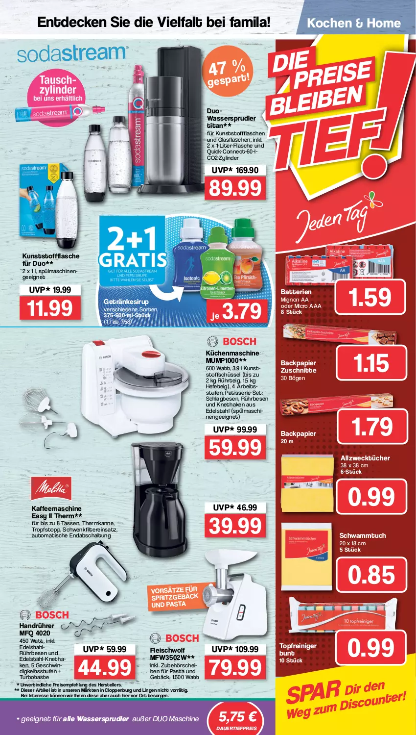 Aktueller Prospekt Famila - Prospekte - von 11.07 bis 16.07.2022 - strona 27 - produkty: Allzwecktücher, auer, auto, batterie, batterien, dauertiefpreis, decke, discount, edelstahl, eis, elle, flasche, fleisch, getränk, getränke, getränkesirup, glasflasche, Hefe, kaffee, kaffeemaschine, küche, Küchen, küchenmaschine, papier, pasta, reiniger, reis, Schal, schüssel, schwamm, Schwammtuch, sirup, spülmaschinen, tasse, teller, Ti, tiefpreis, tisch, topf, tuc, tücher, wasser, wassersprudler, weck