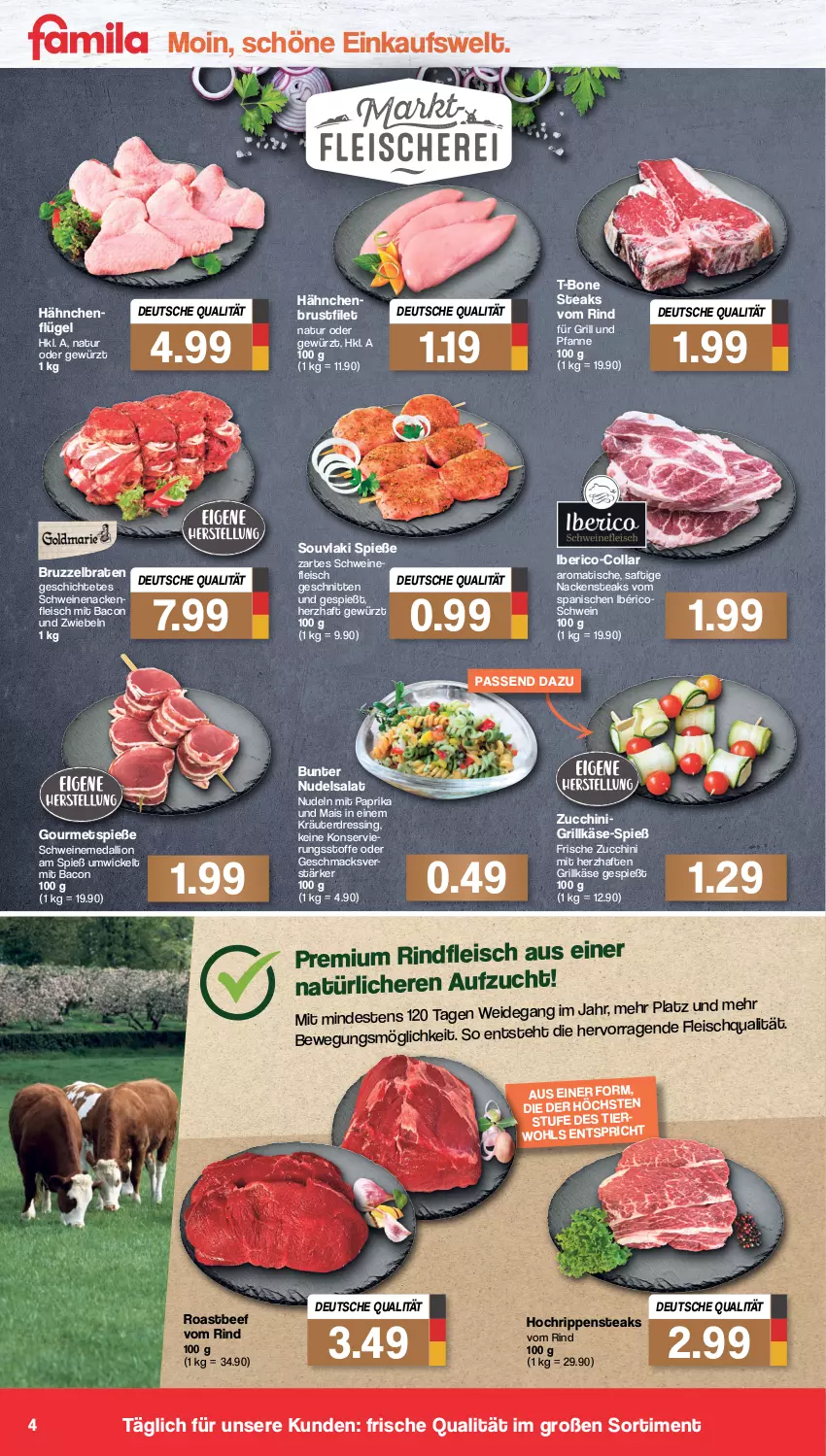 Aktueller Prospekt Famila - Prospekte - von 11.07 bis 16.07.2022 - strona 4 - produkty: bacon, beef, braten, brustfilet, dalli, dressing, eis, filet, fleisch, für grill und pfanne, gewürz, grill, grill und pfanne, Grillkäse, hähnchenbrust, hähnchenbrustfilet, hähnchenflügel, Käse, kräuter, lion, mac, mais, mit paprika, Nackensteak, nackensteaks, natur, nudel, nudeln, nudelsalat, paprika, pfanne, rind, rindfleisch, Rippen, roastbeef, saft, salat, schnitten, schwein, schweine, schweinefleisch, schweinenacken, steak, steaks, T-Bone Steak, Ti, tisch, und pfanne, wein, weine, WICK, zucchini, zwiebel, zwiebeln