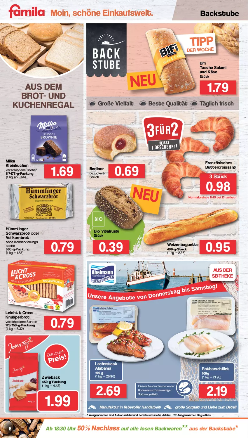 Aktueller Prospekt Famila - Prospekte - von 11.07 bis 16.07.2022 - strona 8 - produkty: backwaren, baguette, baguettes, berliner, bifi, bio, brot, butter, Croissant, eis, Faktu, filet, Käse, korn, Kornbrot, kuchen, lachs, milka, regal, reis, Rotbarsch, rotbarschfilet, salami, Schwarzbrot, spitzenqualität, steak, stube, Tasche, Ti, uhr, vita, vollkornbrot, zucker