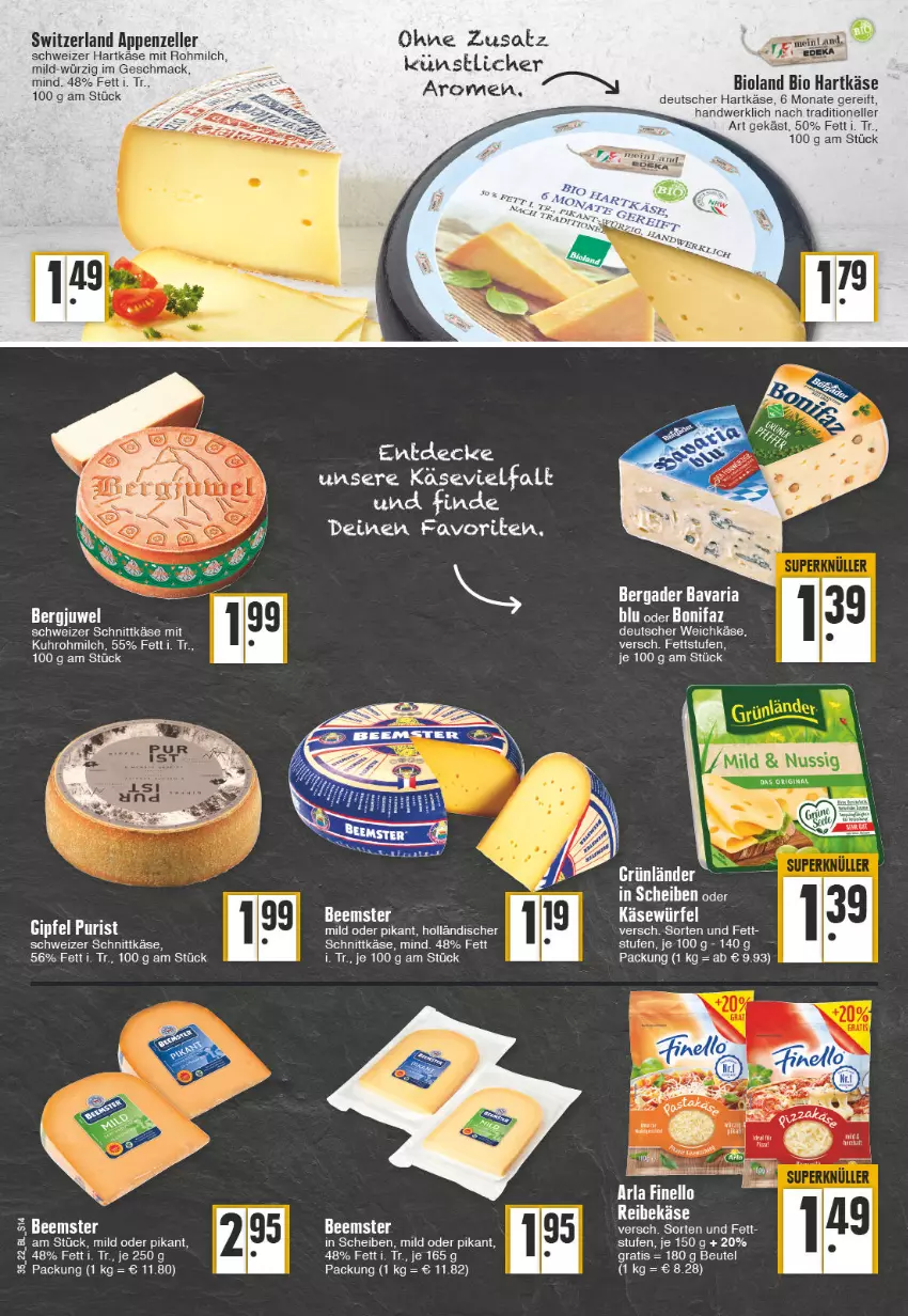 Aktueller Prospekt Edeka - Angebote der Woche - von 29.08 bis 03.09.2022 - strona 14 - produkty: appenzeller, arla, bavaria blu, Beemster, bergader, bio, decke, deutscher weichkäse, elle, finello, hartkäse, holländischer schnittkäse, Käse, mac, milch, Reibekäse, Ria, schnittkäse, schweizer hartkäse, schweizer schnittkäse, Ti, uhr, weichkäse, würfel