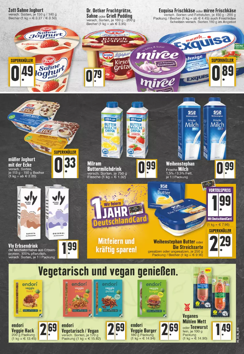 Aktueller Prospekt Edeka - Angebote der Woche - von 29.08 bis 03.09.2022 - strona 15 - produkty: angebot, Becher, burger, butter, erbsen, exquisa, exquisa frischkäse, flasche, frischkäse, frucht, fruchtgrütze, gin, grütze, joghur, joghurt, Käse, Mett, milch, miree, sahne, sahne joghurt, salz, Ti, Vegeta, veggie, weihenstephan