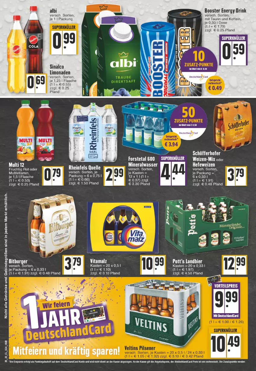 Aktueller Prospekt Edeka - Angebote der Woche - von 29.08 bis 03.09.2022 - strona 24 - produkty: Alwa, drink, energy drink, flasche, frucht, Hefe, hefeweizen, LG, limo, limonade, limonaden, malz, mineralwasser, schöfferhofer, sinalco, tee, Ti, uhr, vita, vitamalz, wasser