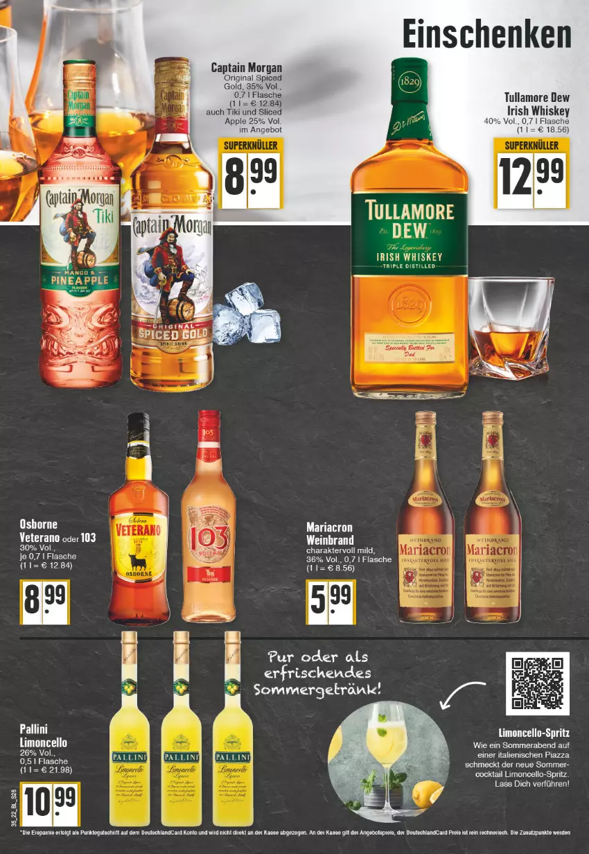 Aktueller Prospekt Edeka - Angebote der Woche - von 29.08 bis 03.09.2022 - strona 26 - produkty: angebot, Apple, Cap, captain morgan, cocktail, deutschlandcard, flasche, gin, irish whiskey, LG, limo, mariacron, original spiced gold, osborne, Ria, Ti, tullamore, tullamore dew, veterano, whiskey