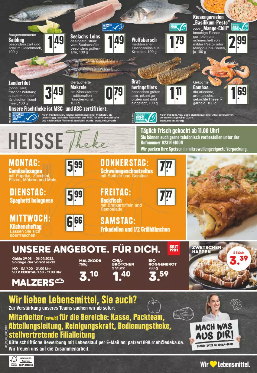 Aktueller Prospekt Edeka - Angebote der Woche - von 29.08 bis 03.09.2022 - strona 32 - produkty: angebot, angebote, aqua, basilikum, bio, bolognese, braten, brot, chili, deka, dell, eier, eis, elle, ente, filet, filets, fisch, fische, Fischer, fischtheke, frikadellen, garnelen, grill, grillhähnchen, hering, Herings, heringsfilets, kartoffel, kartoffeln, lachs, lebensmittel, mac, mais, Makrele, mango, möhren, nuss, pesto, pilze, rel, remoulade, ring, sauce, Schere, spaghetti, spaghetti bolognese, telefon, Ti, tisch, uhr, und gemüse, Wild