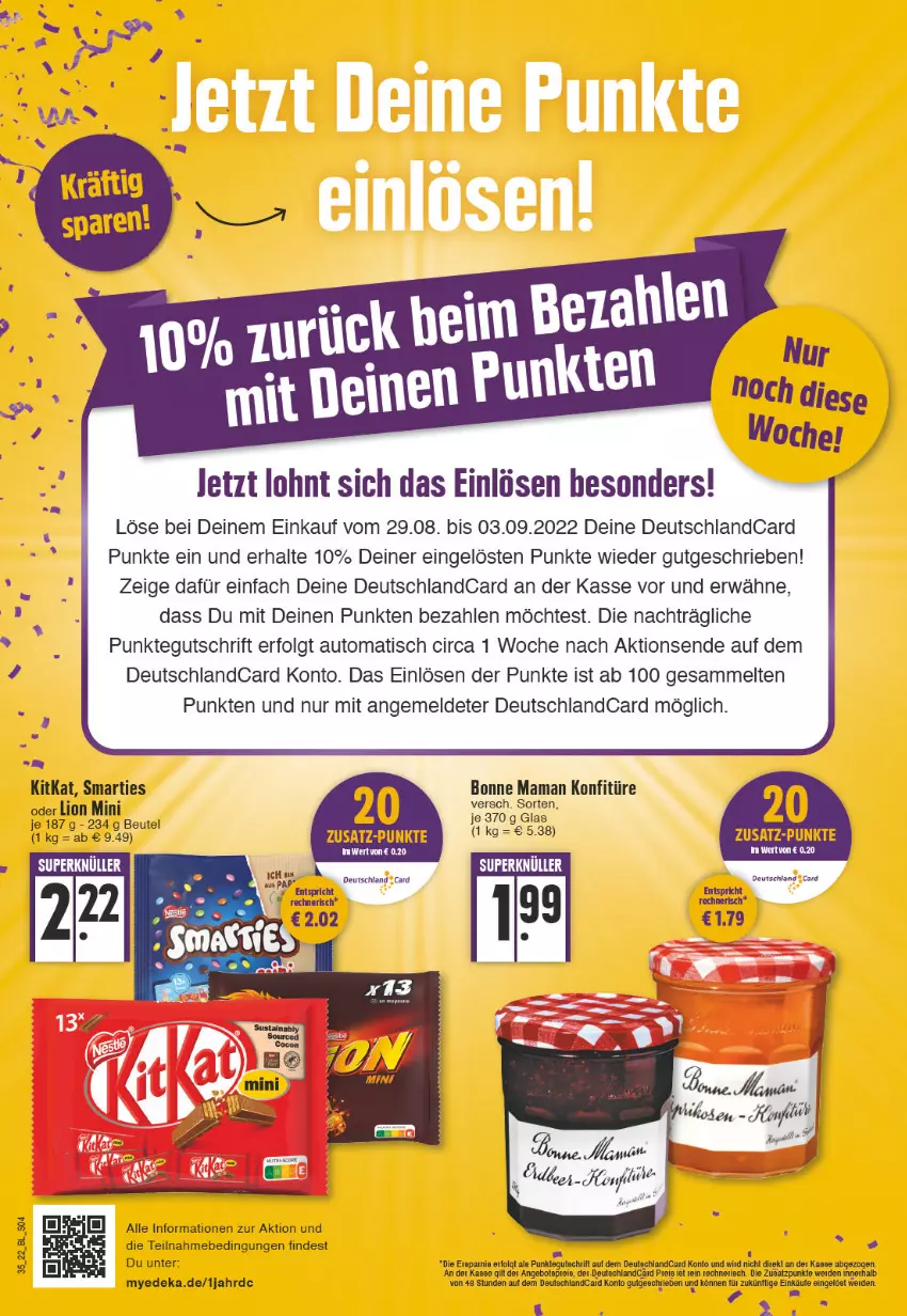 Aktueller Prospekt Edeka - Angebote der Woche - von 29.08 bis 03.09.2022 - strona 4 - produkty: angebot, angebote, auto, beutel, bonne maman, deka, deutschlandcard, eis, erde, kitkat, konfitüre, LG, lion, mam, reis, smarties, Ti, tisch