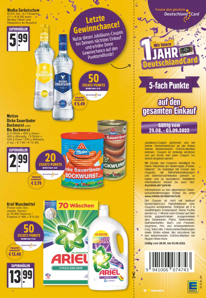 Aktueller Prospekt Edeka - Angebote der Woche - von 29.08 bis 03.09.2022 - strona 5 - produkty: angebot, ariel, ariel waschmittel, auer, bio, bockwurst, buch, coupon, coupons, deka, deutschlandcard, Dicke Sauerländer Bockwurst, eis, erde, flasche, gewinnspiel, Gorbatschow, guthabenkarte, LG, lion, Mett, metten, milch, raspberry, Tchibo, telefon, Ti, Tiere, uhr, waschmittel, wodka, wurst