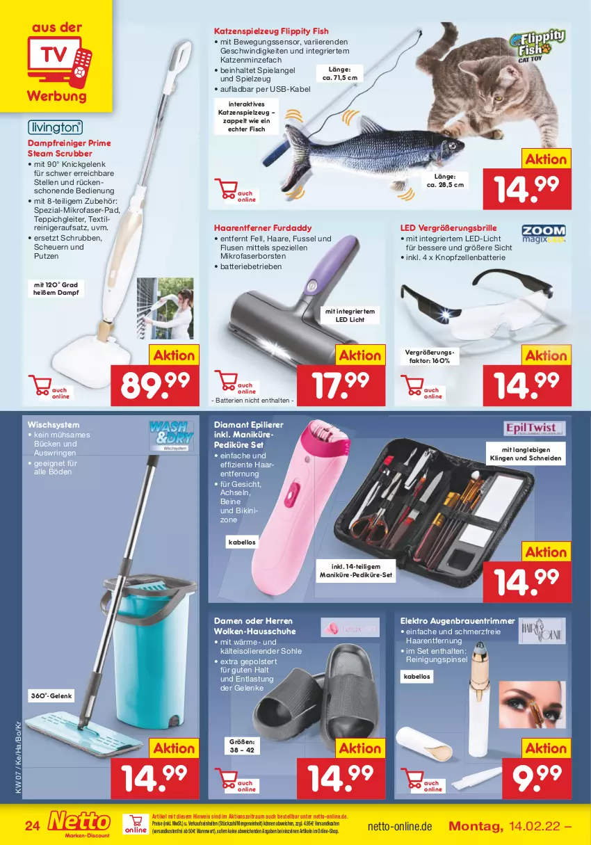 Aktueller Prospekt Netto Marken-Discount - Filial-Angebote - von 14.02 bis 19.02.2022 - strona 24 - produkty: batterie, batterien, Bewegungssensor, bikini, Brille, dampfreiniger, eis, Elan, Elektro, elle, ente, epilierer, fisch, Haarentfernung, Hausschuhe, Heu, led-licht, mikrofaser, minze, ndk, Pinsel, reiniger, Reinigung, reis, ring, schuhe, Spezi, spielzeug, teppich, Ti, usb, versandkostenfrei