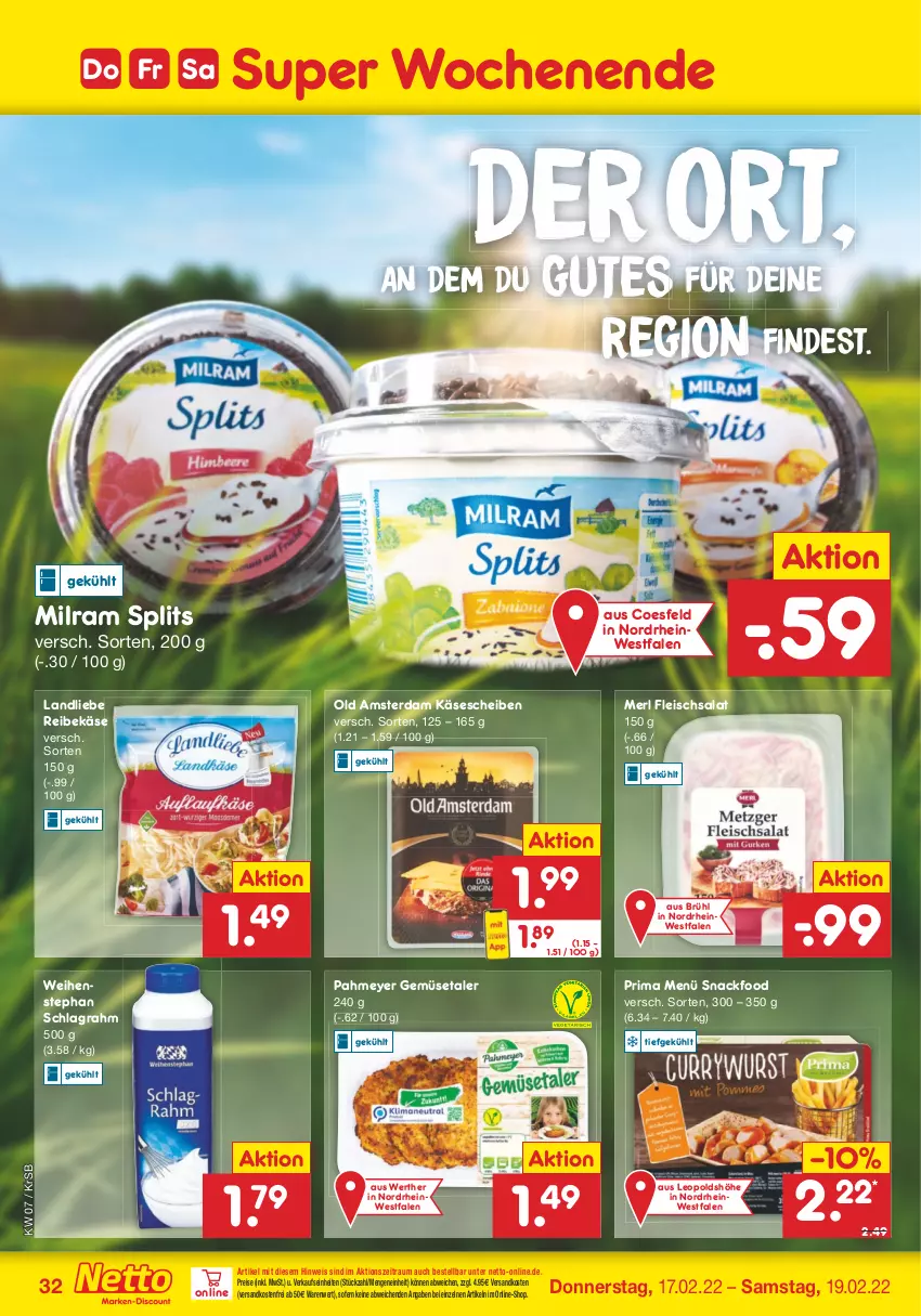 Aktueller Prospekt Netto Marken-Discount - Filial-Angebote - von 14.02 bis 19.02.2022 - strona 32 - produkty: eis, fleisch, fleischsalat, Käse, käsescheiben, landliebe, merl, milram, ndk, Old Amsterdam, Reibekäse, reis, salat, schlagrahm, snack, Ti, versandkostenfrei, weihenstephan