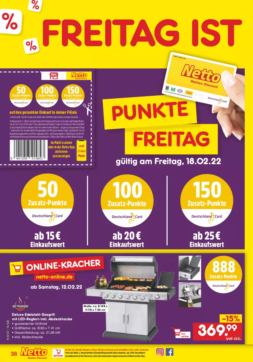 Aktueller Prospekt Netto Marken-Discount - Filial-Angebote - von 14.02 bis 19.02.2022 - strona 38 - produkty: abdeckhaube, buch, coupon, deutschlandcard, discount, edelstahl, eduscho, eis, elle, erde, gasgrill, grill, grillfläche, grillrost, guthabenkarte, gutschein, gutscheine, mac, marken-discount, milch, ndk, Rauch, reis, Tchibo, Ti, versandkostenfrei