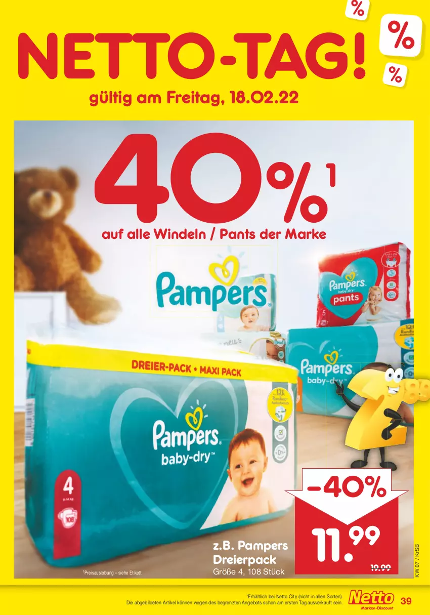 Aktueller Prospekt Netto Marken-Discount - Filial-Angebote - von 14.02 bis 19.02.2022 - strona 39 - produkty: angebot, eier, eis, pampers, Pants, reis, Ti, windeln, ZTE