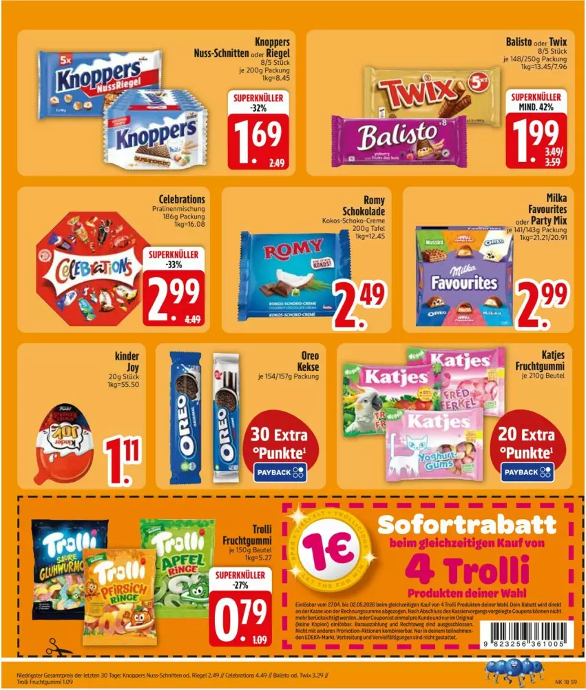 Aktueller Prospekt Edeka - Prospekte - von 27.04 bis 02.05.2026 - strona 11 - produkty: balisto, coupon, creme, eis, gin, keks, kekse, Kinder, knoppers, kokos, nuss, oreo, pralinen, reis, riegel, schnitten, schoko, Ti, trolli, twix, ZTE