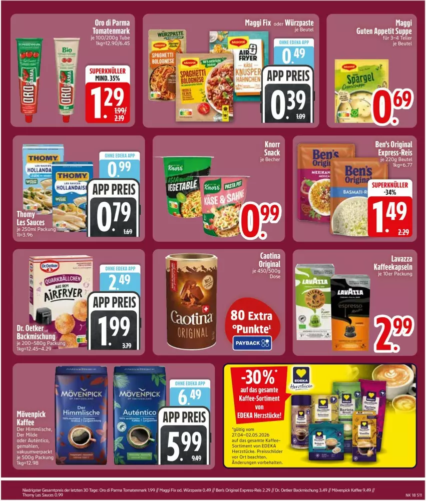 Aktueller Prospekt Edeka - Prospekte - von 27.04 bis 02.05.2026 - strona 13 - produkty: backmischung, beutel, bolognese, Dr. Oetker, eis, express-reis, gin, kaffee, kaffeekapseln, Käse, knorr, lavazza, maggi, maggi fix, mövenpick, mövenpick kaffee, oro di parma, reis, sauce, tee, Ti, tomate, tomaten, tomatenmark, ZTE