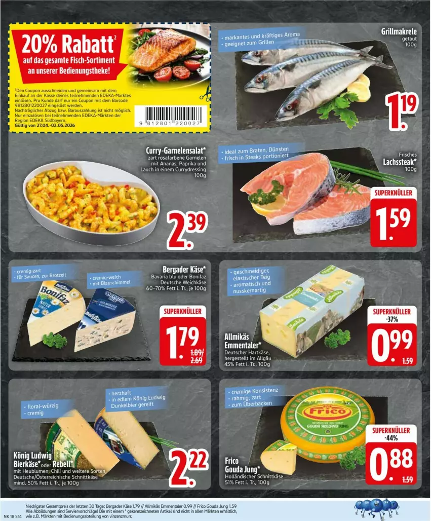 Aktueller Prospekt Edeka - Prospekte - von 27.04 bis 02.05.2026 - strona 16 - produkty: Abtei, Allmikäs, bavaria blu, bergader, curry, eis, elle, fisch, garnelen, gouda, hartkäse, Käse, Ria, salat, schnittkäse, Ti