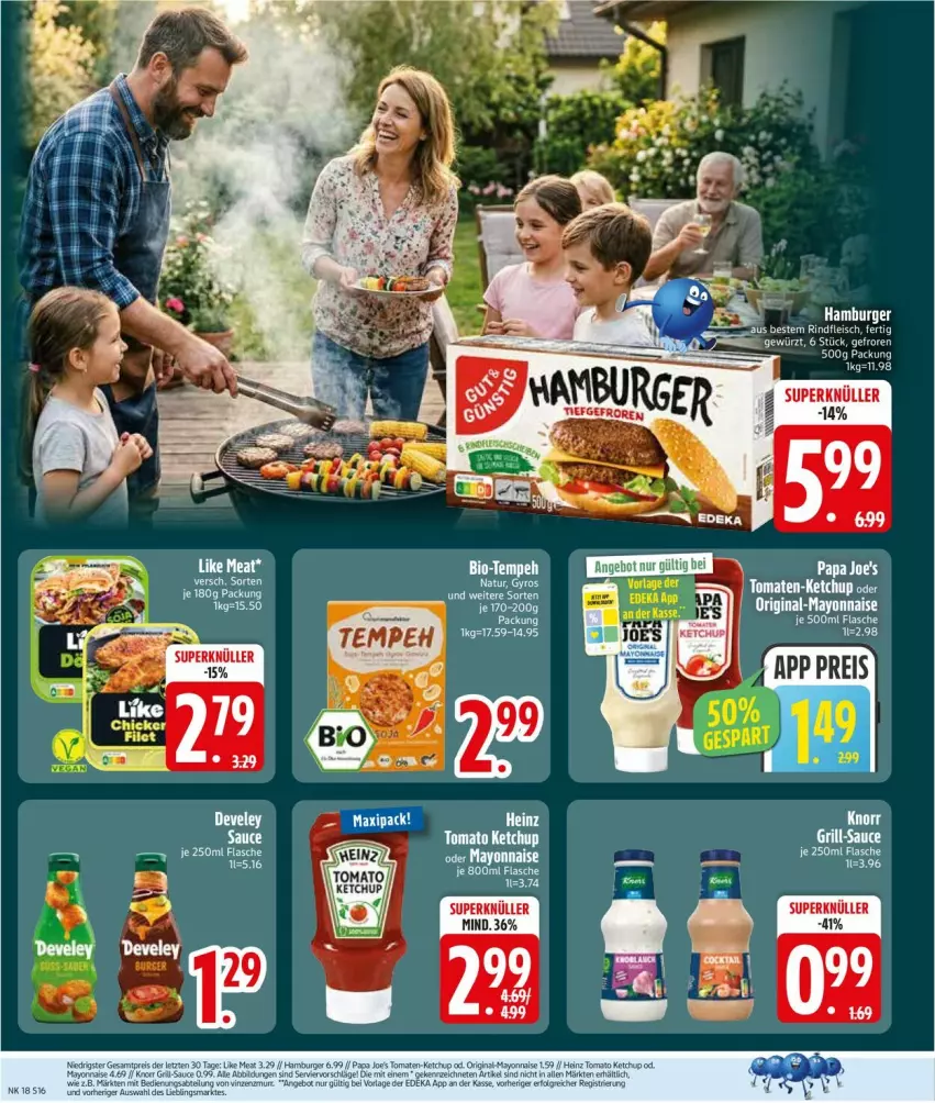 Aktueller Prospekt Edeka - Prospekte - von 27.04 bis 02.05.2026 - strona 18 - produkty: angebot, burger, eis, fleisch, gin, grill, hamburger, ketchup, knorr, Like Meat, mayonnaise, Papa Joe's, reis, rind, rindfleisch, sauce, tee, Ti, Yo
