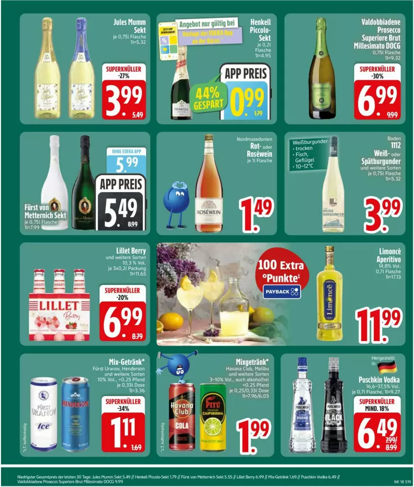 Aktueller Prospekt Edeka - Prospekte - von 27.04 bis 02.05.2026 - strona 21 - produkty: acer, alkohol, angebot, Bad, ecco, eis, enders, flasche, Geflügel, getränk, henkel, jules mumm, leine, lillet, Mett, Mixgetränk, mumm, prosecco, puschkin vodka, reis, sekt, tee, Ti, vodka
