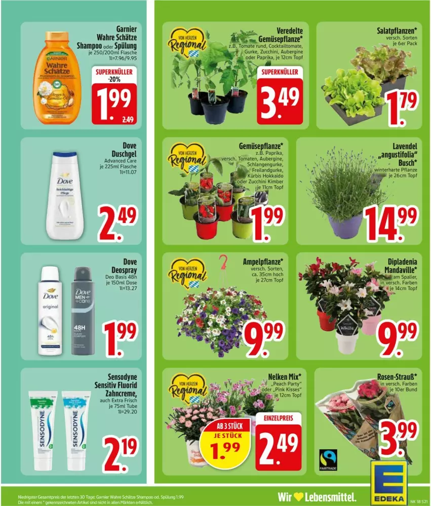 Aktueller Prospekt Edeka - Prospekte - von 27.04 bis 02.05.2026 - strona 23 - produkty: aubergine, cocktail, creme, deo, deospray, dip, dipladenia, dove, duschgel, eis, flasche, garnier, gin, gurke, lavendel, lebensmittel, paprika, pflanze, pflanzen, reis, salat, sensodyne, shampoo, shampoo oder spülung, spülung, Ti, tomate, topf, Wahre Schätze, zahncreme, ZTE, zucchini