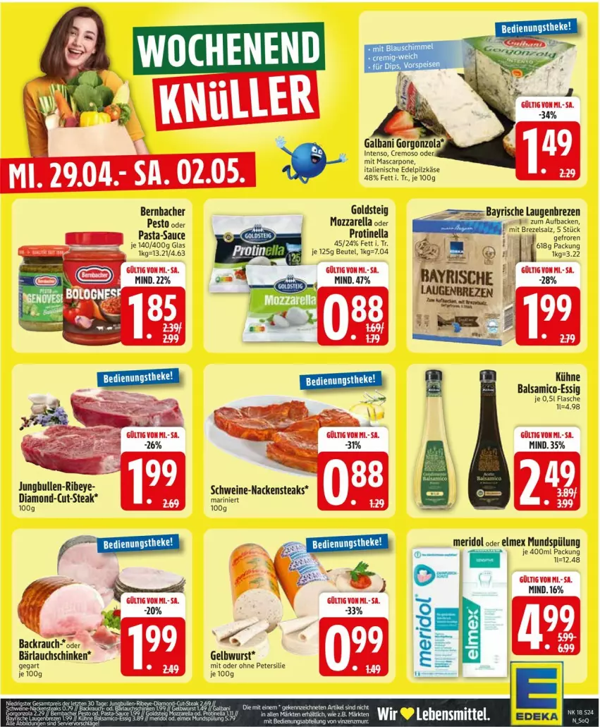 Aktueller Prospekt Edeka - Prospekte - von 27.04 bis 02.05.2026 - strona 26 - produkty: balsam, balsamico, bernbacher, beutel, brezel, elmex, essig, flasche, goldsteig, jungbullen, Käse, Kühne, mascarpone, meridol, mozzarella, mundspülung, Nackensteak, nackensteaks, pasta, pasta-sauce, pesto, petersilie, Rauch, rel, salz, sauce, schinken, schwein, schweine, spülung, steak, steaks, Ti, wein, weine, wurst