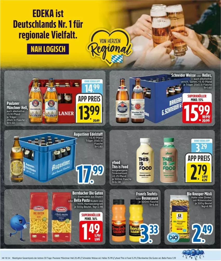 Aktueller Prospekt Edeka - Prospekte - von 27.04 bis 02.05.2026 - strona 6 - produkty: alkohol, bernbacher, beutel, deka, eis, elle, flasche, hafer, pasta, Paula, paulaner, reis, ZTE