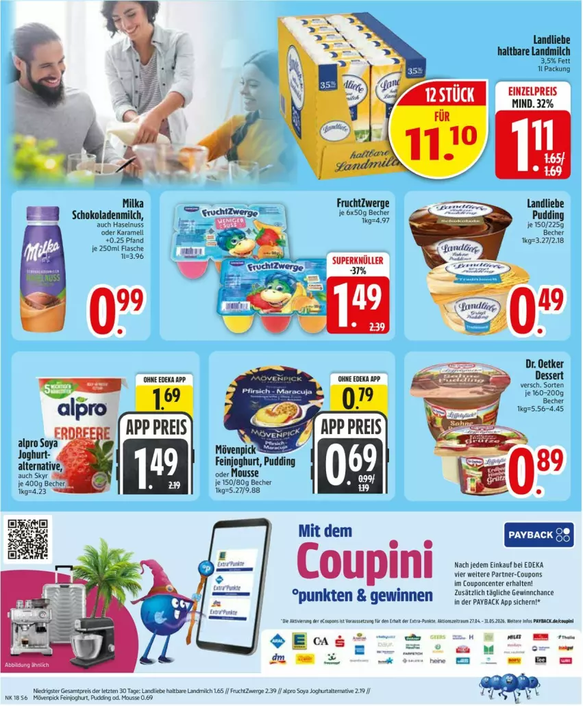 Aktueller Prospekt Edeka - Prospekte - von 27.04 bis 02.05.2026 - strona 8 - produkty: alpro, Becher, coupon, coupons, deka, dessert, Dr. Oetker, eis, ente, feinjoghurt, flasche, frucht, fruchtzwerge, haselnuss, joghur, joghurt, karamell, landliebe, landmilch, milch, milka, mousse, mövenpick, nissan, nuss, payback, pudding, reis, schoko, schokolade, schokoladen, Skyr, soya, Ti, ZTE