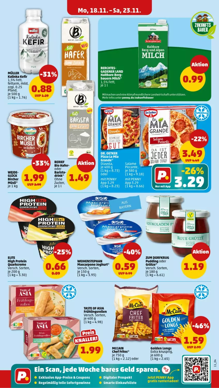 Aktueller Prospekt Penny - Prospekte - von 18.11 bis 23.11.2024 - strona 11 - produkty: auer, Bau, Bauer, bio, coupon, coupons, creme, drink, eis, Golden Longs, grütze, hafer, joghur, joghurt, Kefir, mac, mascarpone, mccain, milch, Müller, müsli, pizza, pudding, quark, reis, Sylter, tee, Ti, weihenstephan, zucker, Zum Dorfkrug