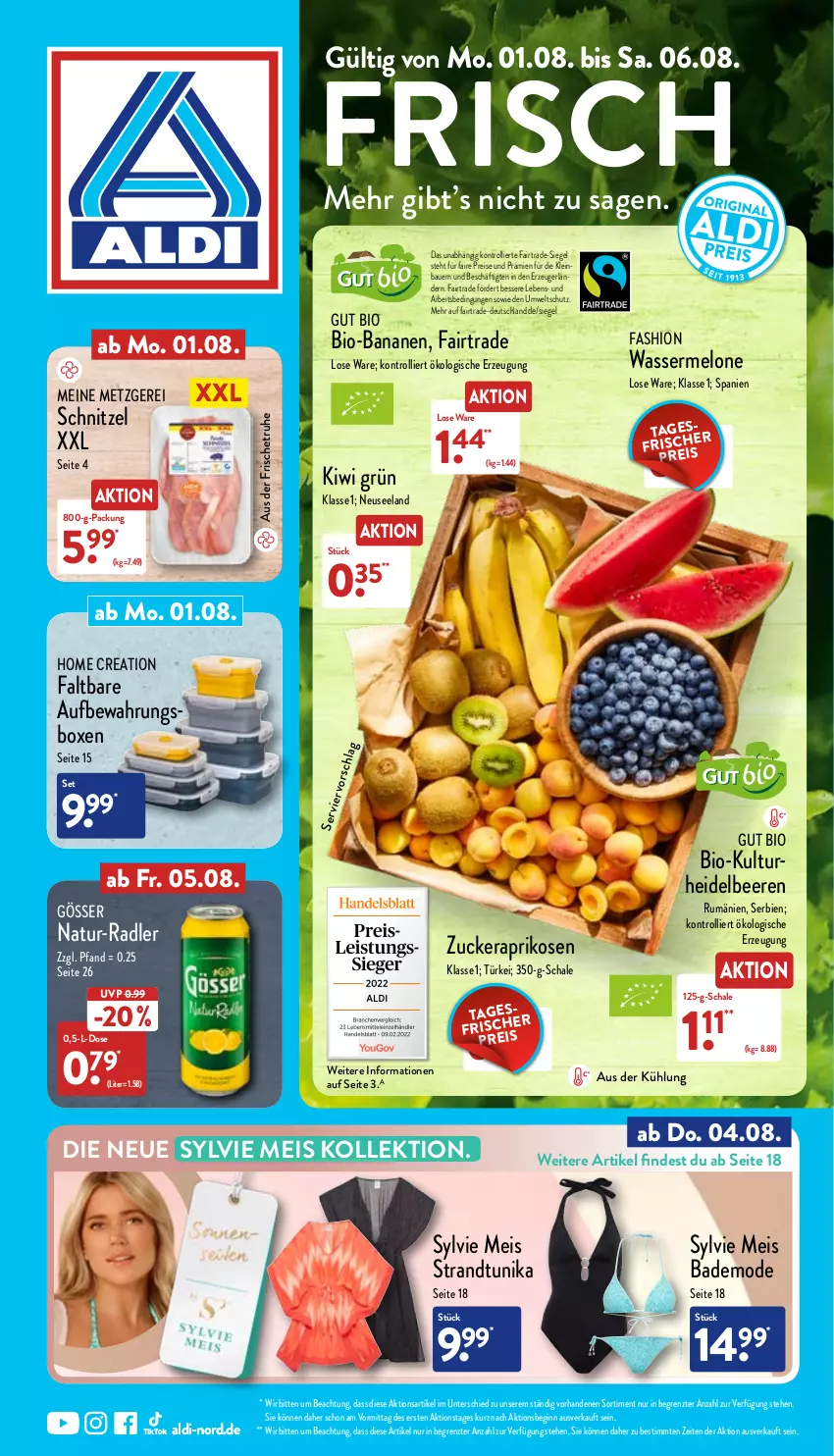 Aktueller Prospekt Aldi Nord - Aldi-Vorschau - von 01.08 bis 06.08.2022 - strona 1 - produkty: aldi, aprikose, aprikosen, auer, aufbewahrungsbox, Bad, banane, bananen, Bau, Bauer, beere, beeren, bio, bio-bananen, eis, Elan, gin, gösser, heidelbeere, heidelbeeren, kiwi, melone, Mode, natur, radler, reis, rum, Schal, Schale, schnitzel, Ti, trolli, tunika, wasser, ZTE, zucker