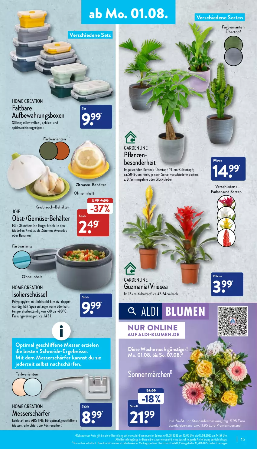 Aktueller Prospekt Aldi Nord - Aldi-Vorschau - von 01.08 bis 06.08.2022 - strona 15 - produkty: aldi, aufbewahrungsbox, avocado, avocados, banane, bananen, Behälter, blume, blumen, Blüte, Brei, dell, edelstahl, eis, elle, erde, hero, knoblauch, küche, Küchen, kulturtopf, LG, messer, mikrowelle, Mode, obst, pflanze, pflanzen, reis, Ria, schüssel, spülmaschinen, Ti, topf, übertopf, uhr, zitrone, zitronen