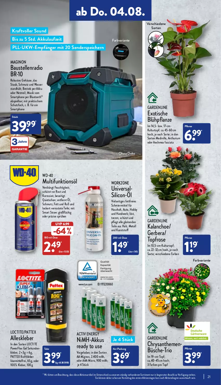 Aktueller Prospekt Aldi Nord - Aldi-Vorschau - von 01.08 bis 06.08.2022 - strona 21 - produkty: akku, aust, auto, Bau, Blüte, Brei, chrysanthemen, elle, enders, Gerber, gin, Hobby, Holz, HP, Kalanchoe, kleber, kraft, kulturtopf, NiMH-Akkus, pattex, pflanze, Radio, Ria, smartphone, Ti, tisch, topf, wasser, ZTE