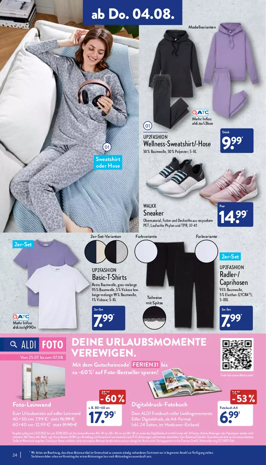 Aktueller Prospekt Aldi Nord - Aldi-Vorschau - von 01.08 bis 06.08.2022 - strona 24 - produkty: aldi, Bau, baumwolle, buch, Cap, caprihose, decksohle, dell, eis, Elan, elle, ente, erde, Fotobuch, gin, gutschein, hose, hosen, Hylo, korb, Mode, ndk, papier, radler, reine baumwolle, reis, Ria, ring, shirt, shirts, sneaker, Sweatshirt, T-Shirt, Ti, up2fashion, walkx, wolle, ZTE