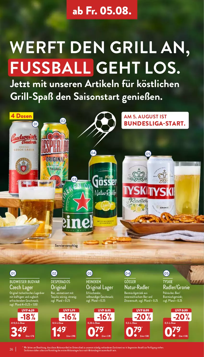 Aktueller Prospekt Aldi Nord - Aldi-Vorschau - von 01.08 bis 06.08.2022 - strona 26 - produkty: ball, bier, budweiser, desperados, eis, getränk, gin, gösser, grill, heineken, Lagerbier, mac, natur, radler, saft, tequila, Ti, tyskie, zitrone, zitronen, zitronensaft, ZTE