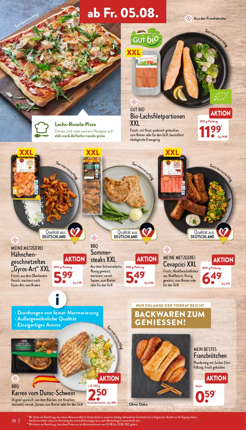 Aktueller Prospekt Aldi Nord - Aldi-Vorschau - von 01.08 bis 06.08.2022 - strona 28 - produkty: aldi, backwaren, bio, braten, brötchen, cevapcici, cola, eis, filet, fleisch, geback, geschnetzeltes, gewürz, gin, grill, gyros, hackfleisch, lachs, lachsfilet, pizza, Plunder, reis, rezept, rezepte, rind, rindfleisch, rucola, schwein, schweine, Schweinelachs, steak, steaks, Ti, tisch, trolli, wein, weine, Zelt, ZTE, zucker