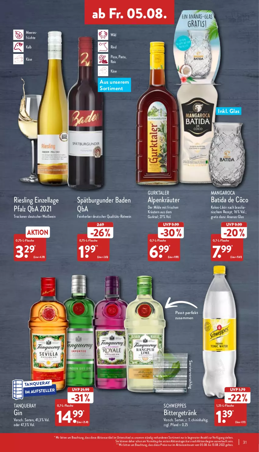 Aktueller Prospekt Aldi Nord - Aldi-Vorschau - von 01.08 bis 06.08.2022 - strona 31 - produkty: ananas, Bad, batida, batida de côco, burgunder, eis, elle, flasche, früchte, getränk, gin, Gurktaler, Käse, kokos, kräuter, kräutern, likör, mangaroca, meeresfrüchte, pasta, pizza, reis, rezept, riesling, rind, rotwein, schweppes, spätburgunder, Tanqueray, teller, Ti, wein, Weißwein, Wild, ZTE