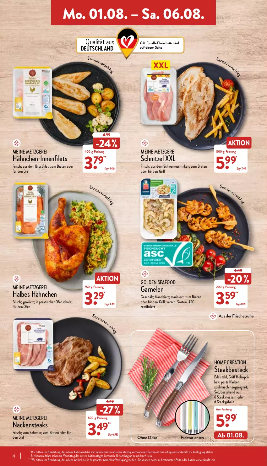 Aktueller Prospekt Aldi Nord - Aldi-Vorschau - von 01.08 bis 06.08.2022 - strona 4 - produkty: besteck, braten, brustfilet, edelstahl, eis, filet, filets, fleisch, gabel, garnelen, gewürz, gin, grill, Hähnchen-Innenfilets, Holz, messer, Nackensteak, nackensteaks, Ofen, Ria, Schal, Schale, schinken, schnitzel, schwein, schweine, spülmaschinen, steak, steakbesteck, steaks, Ti, tisch, wein, weine, ZTE