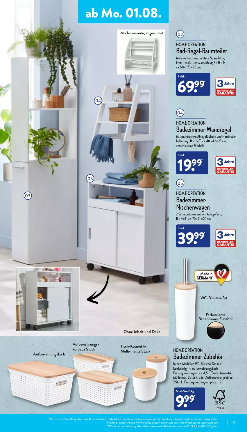 Aktueller Prospekt Aldi Nord - Aldi-Vorschau - von 01.08 bis 06.08.2022 - strona 9 - produkty: Bad, bürste, bürsten, dell, edelstahl, eimer, eis, elle, Germ, gin, handtuch, Holz, korb, kosmetik, latte, leimer, LG, Mode, regal, reis, Ria, Ti, tisch, tuc, wandregal, wasser, WC-Bürste, ZTE