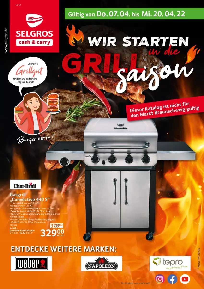 Aktueller Prospekt Selgros - Grillsaison - von 07.04 bis 20.04.2022 - strona 1 - produkty: abdeckhaube, char-broil, decke, eis, Elektro, flasche, grill, grillrost, LG, Schrank, Ti, unterschrank