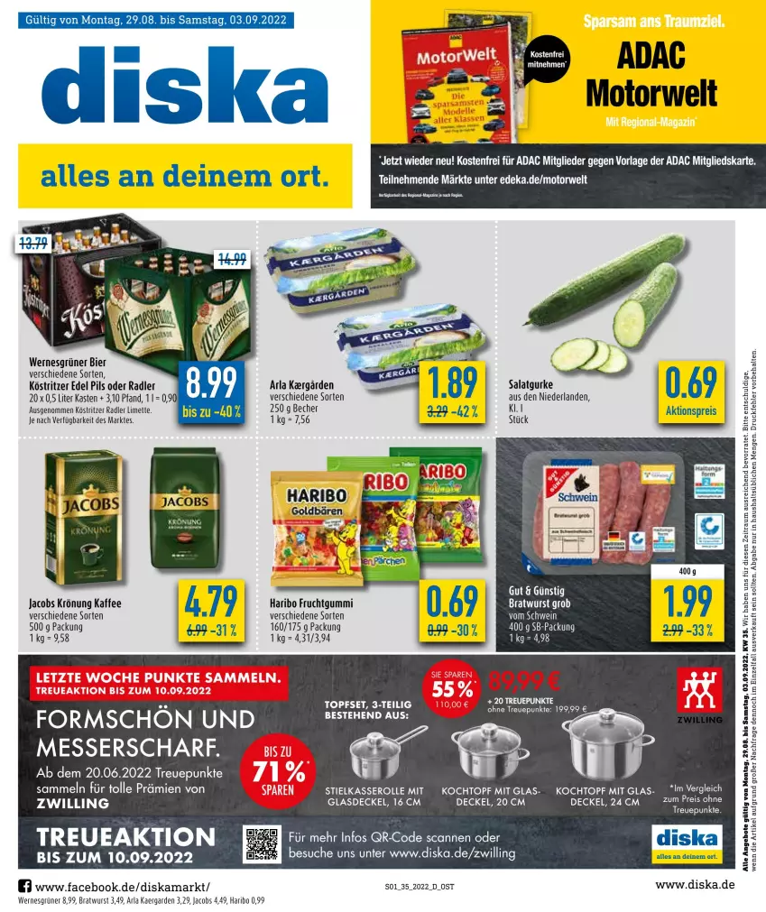 Aktueller Prospekt Diska - Prospekte - von 29.08 bis 03.09.2022 - strona 1 - produkty: aktionspreis, angebot, angebote, arla, Becher, bier, bratwurst, decke, Deckel, eis, frucht, fruchtgummi, Glasdeckel, gurke, haribo, jacobs, jacobs krönung, kaffee, Kochtopf, köstritzer, limette, magazin, messer, Mett, oder radler, pils, radler, reis, rwe, salat, Salatgurke, stielkasserolle, Ti, topf, wurst