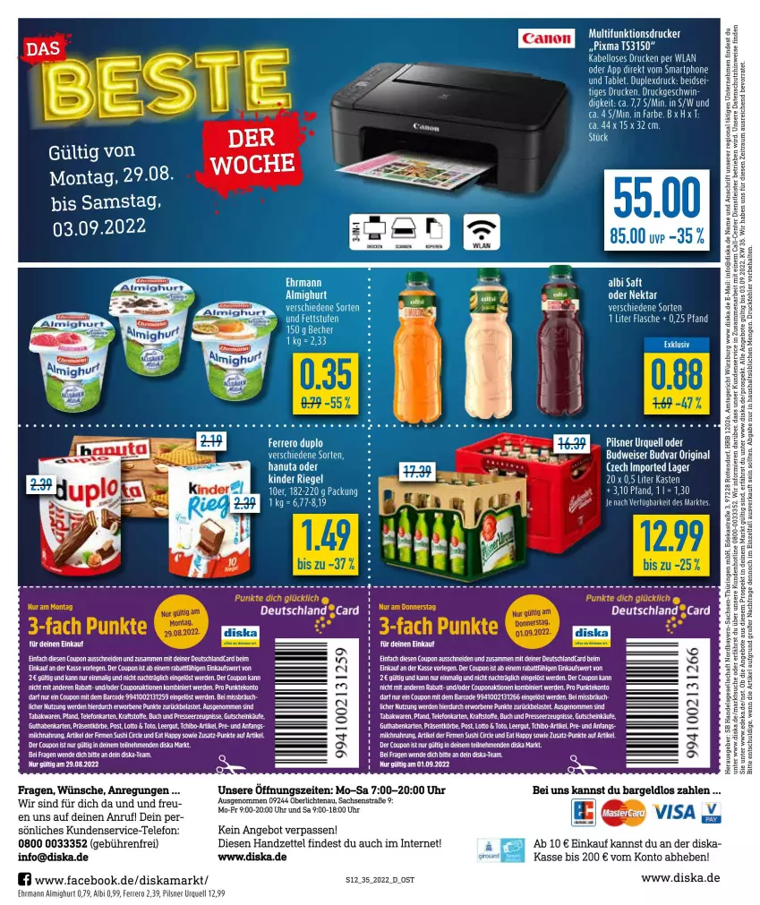 Aktueller Prospekt Diska - Prospekte - von 29.08 bis 03.09.2022 - strona 12 - produkty: almighur, almighurt, angebot, angebote, Astra, buch, budweiser, coupon, deka, drucker, duplo, ehrmann, ehrmann almighurt, eier, eis, ente, erde, ferrero, flasche, gin, gutschein, Kinder, kinder riegel, kraft, multifunktionsdrucker, nero, pils, pilsner, pilsner urquell, riegel, ring, sac, tee, telefon, Ti, uhr, Yo