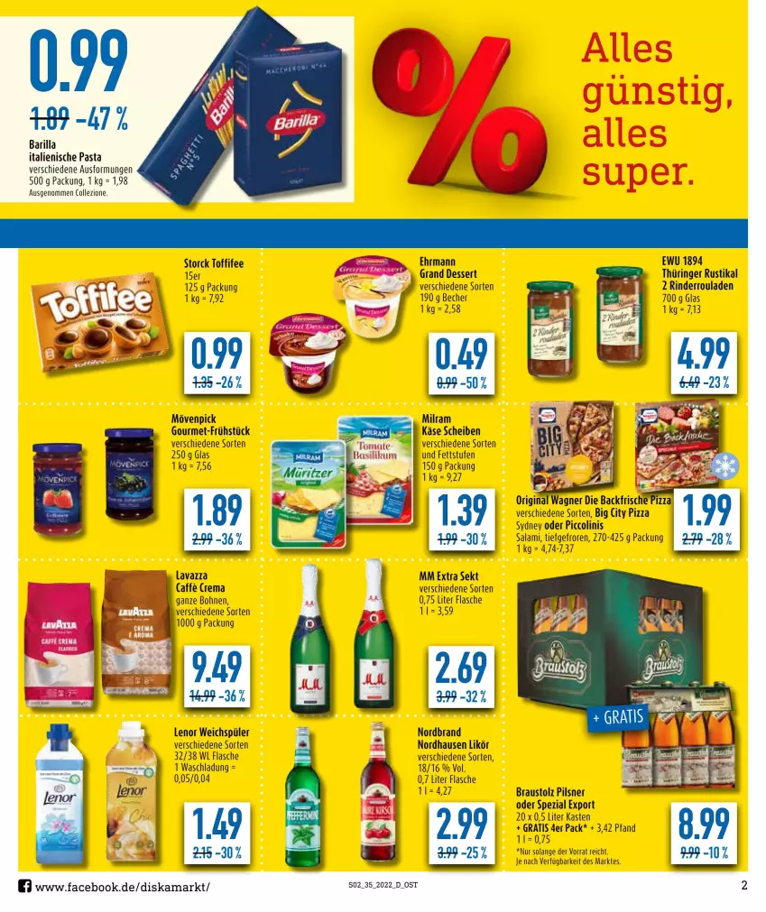 Aktueller Prospekt Diska - Prospekte - von 29.08 bis 03.09.2022 - strona 2 - produkty: aust, barilla, Becher, bohne, bohnen, dessert, ehrmann, flasche, italienische pasta, Käse, lenor, lenor weichspüler, likör, milram, mm extra, mövenpick, nordbrand, oder piccolinis, pasta, piccolinis, pils, pilsner, pizza, rind, rinder, Rinderroulade, rinderrouladen, ring, rouladen, salami, sekt, Spezi, storck, Ti, toffifee, weichspüler