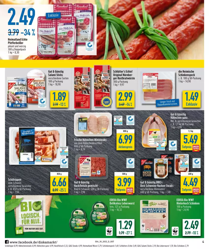 Aktueller Prospekt Diska - Prospekte - von 29.08 bis 03.09.2022 - strona 4 - produkty: bio, deka, edeka bio, eis, ente, fleisch, Frische Hähnchen, gin, hackfleisch, hackfleisch gemischt, Hähnchensteak, hähnchensteaks, leberwurst, malz, marinade, natur, pfeffer, Pfefferbeißer, reis, Rippen, salami, schinken, schinkenspeck, schwein, schweine, Speck, steak, steaks, Ti, tiefpreis, wein, weine, wurst