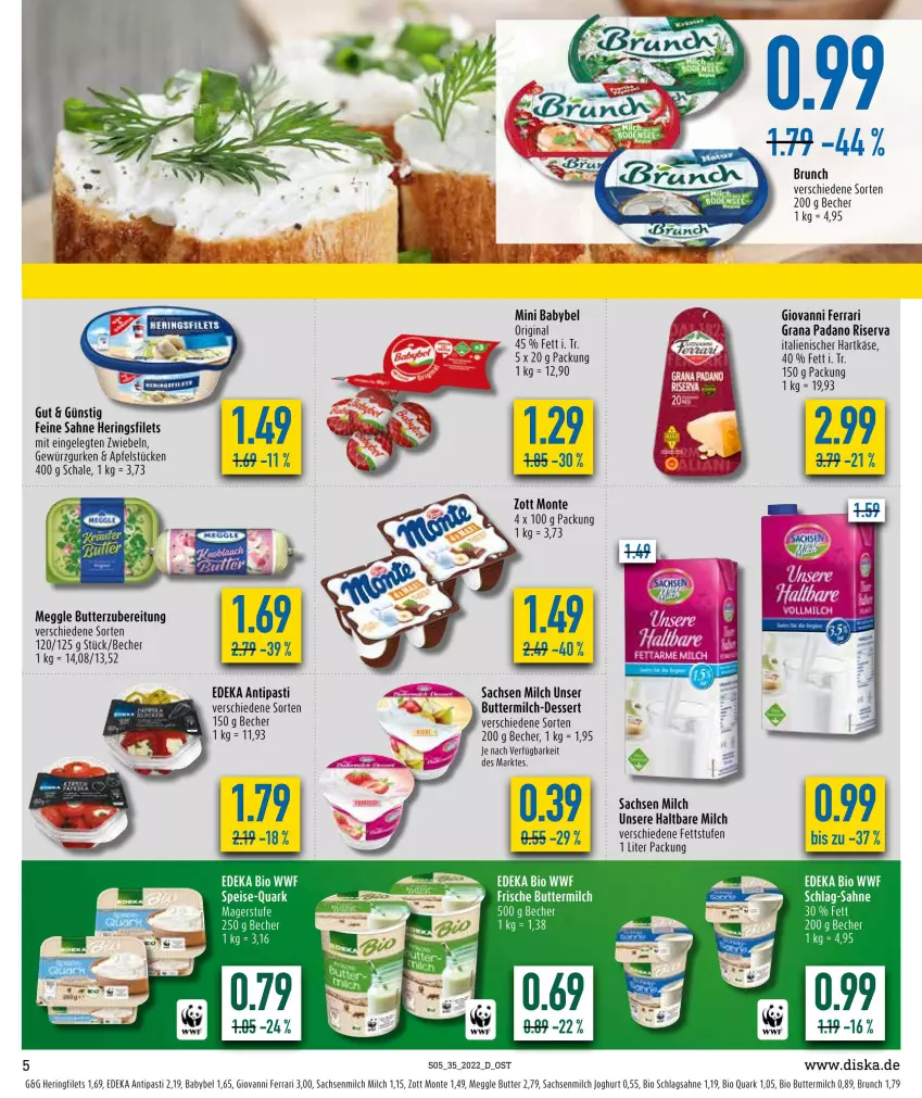 Aktueller Prospekt Diska - Prospekte - von 29.08 bis 03.09.2022 - strona 5 - produkty: antipasti, apfel, asti, babybel, Becher, bio, butter, buttermilch, deka, dessert, edeka bio, eier, eis, filet, filets, gewürz, Gewürzgurke, gewürzgurken, gin, grana, grana padano, gurke, gurken, haltbare milch, hartkäse, hering, Herings, heringsfilets, italienischer hartkäse, joghur, joghurt, Käse, meggle, milch, mini babybel, monte, padano, quark, Rana, ring, riserva, sac, sahne, Schal, Schale, schlagsahne, Ti, zott, Zott Monte