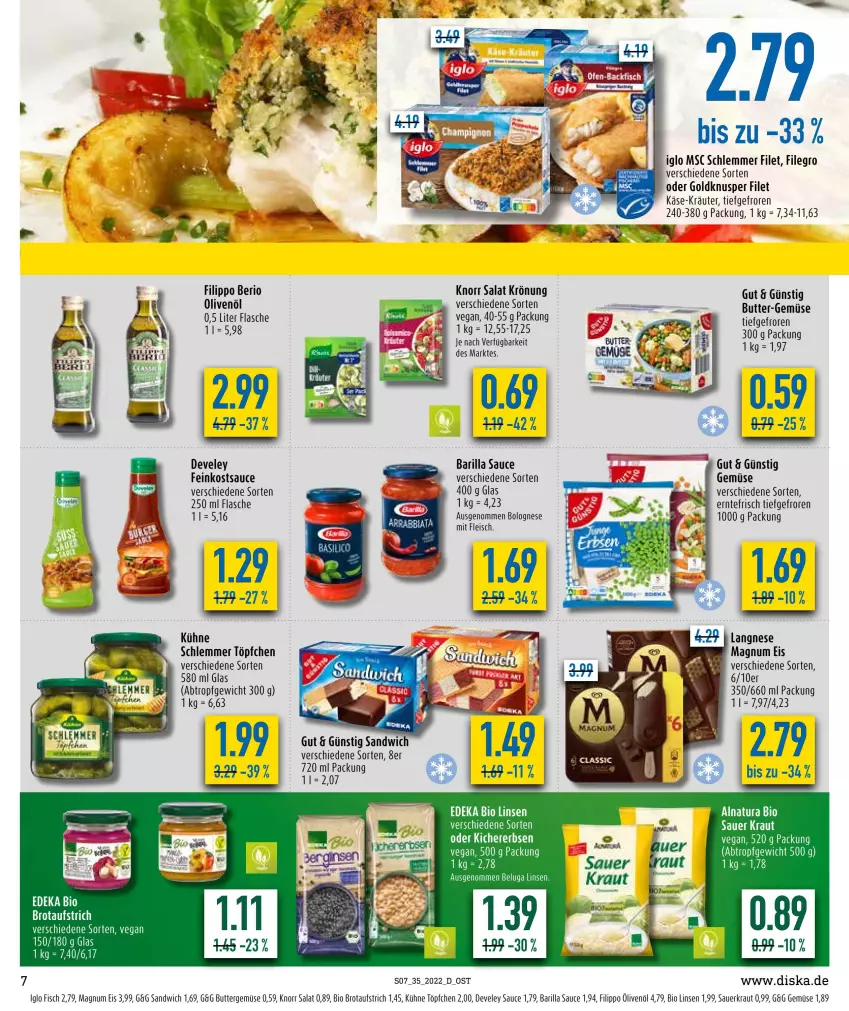 Aktueller Prospekt Diska - Prospekte - von 29.08 bis 03.09.2022 - strona 7 - produkty: auer, aufstrich, barilla, Beluga, bier, bio, bolognese, brot, brotaufstrich, butter, deka, develey, edeka bio, eis, Elan, feinkost, filegro, filet, fisch, flasche, fleisch, iglo, Käse, knorr, Kraut, kräuter, Kühne, langnese, linsen, magnum, olive, oliven, olivenöl, salat, sandwich, sauce, Sauerkraut, Ti, Töpfchen