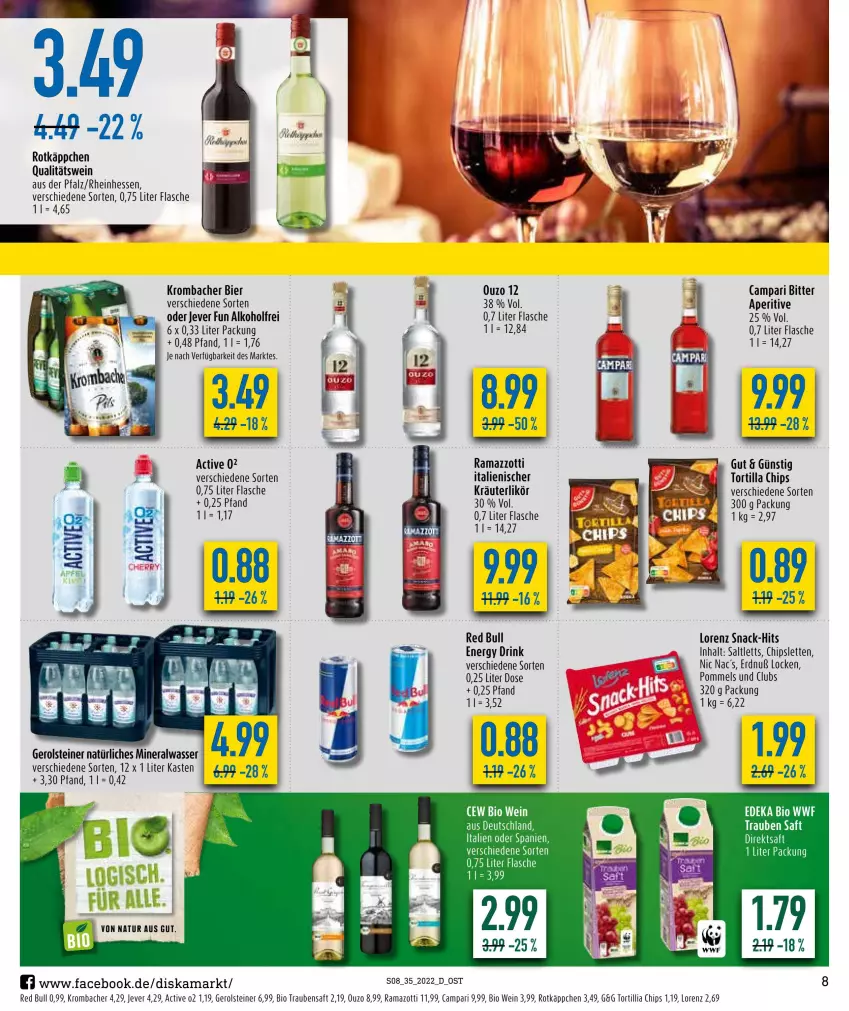 Aktueller Prospekt Diska - Prospekte - von 29.08 bis 03.09.2022 - strona 8 - produkty: alkohol, Alwa, bier, bio, campari, chips, deka, direktsaft, drink, edeka bio, energy drink, flasche, gerolsteine, gerolsteiner, jever, kräuter, kräuterlikör, krombache, krombacher, likör, lorenz, mineralwasser, natur, natürliches mineralwasser, nic nac's, ouzo, ouzo 12, Pommels, qualitätswein, rama, ramazzott, ramazzotti, red bull, rotkäppchen, saft, saltletts, snack, steiner, Ti, tortilla, Tortilla Chips, trauben, Traubensaft, wasser, wein, zott