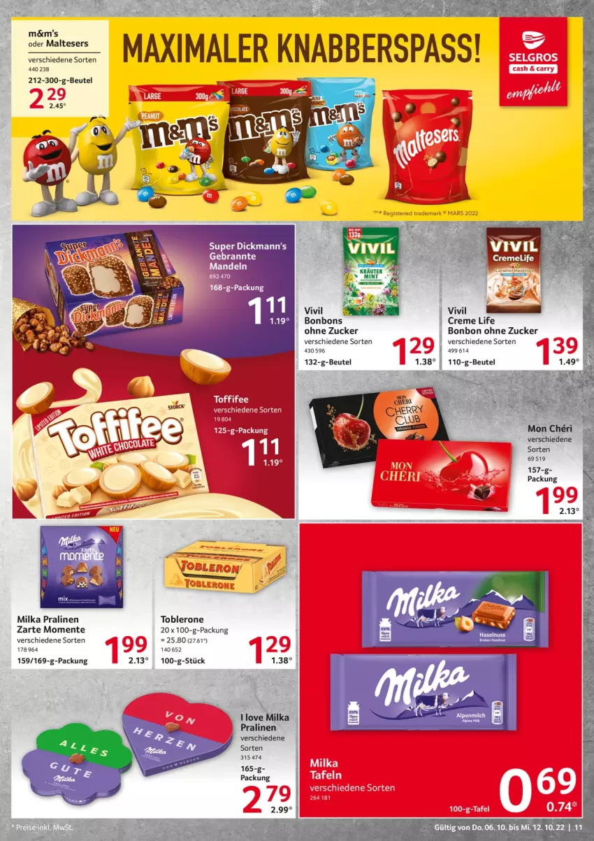 Aktueller Prospekt Selgros - Food - von 06.10 bis 12.10.2022 - strona 11 - produkty: beutel, bonbons, caramel, creme, Dickmann's, ente, malteser, mandel, mandeln, milka, pralinen, Ti, toblerone, zucker