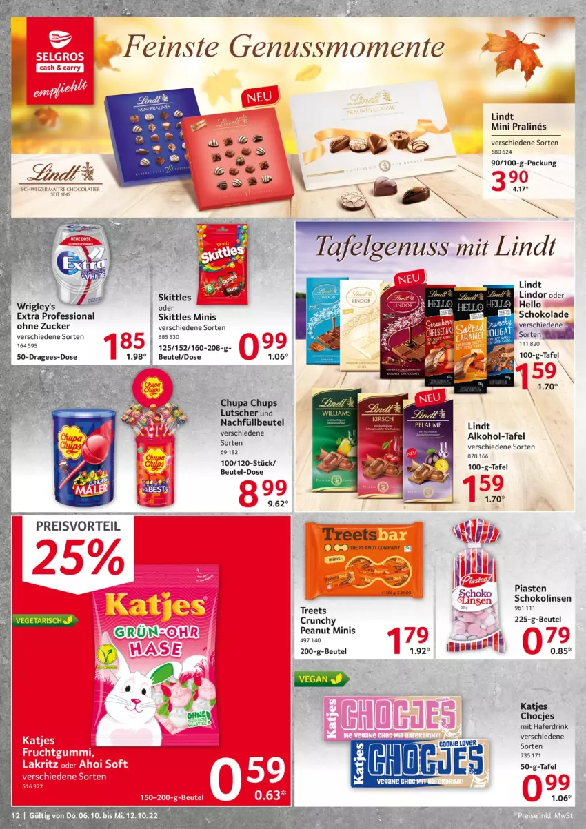 Aktueller Prospekt Selgros - Food - von 06.10 bis 12.10.2022 - strona 12 - produkty: alkohol, beutel, chupa, cola, drink, eis, hafer, Haferdrink, katjes, lindor, lindt, linsen, Lutscher, nerf, pflaume, preisvorteil, reis, schoko, schokolade, Schokolinsen, skittles, Ti, zucker