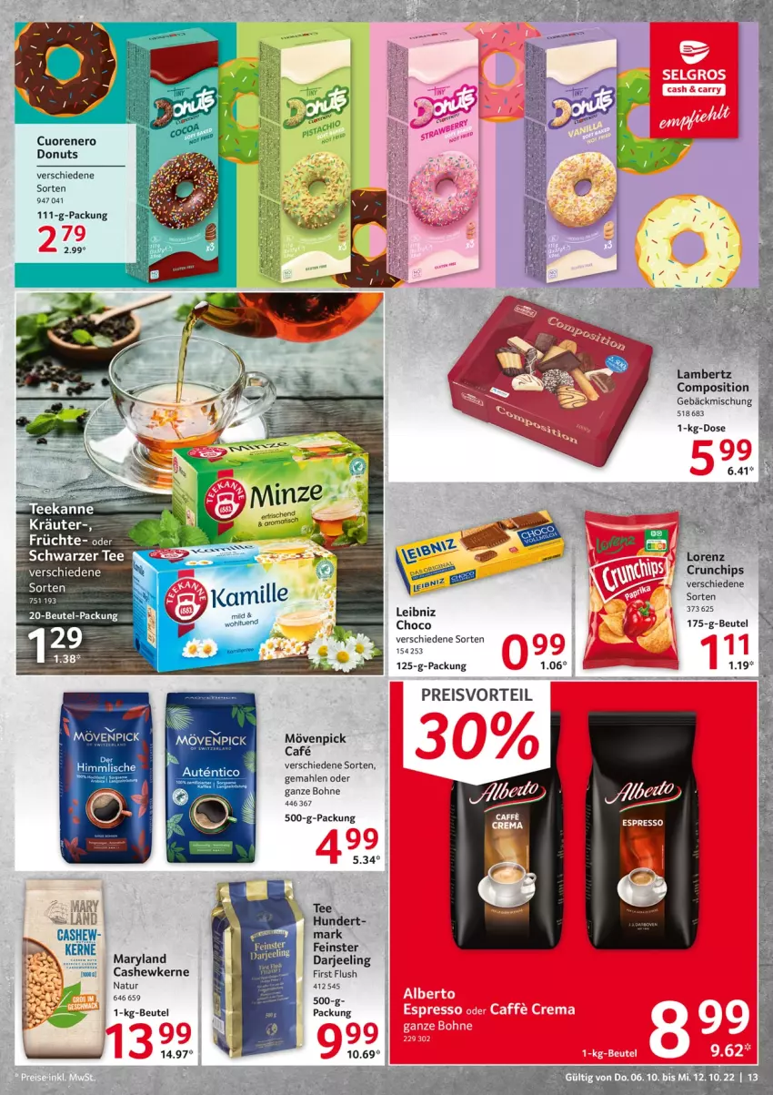 Aktueller Prospekt Selgros - Food - von 06.10 bis 12.10.2022 - strona 13 - produkty: Amber, beutel, bohne, Cashew, cashewkerne, chips, crunchips, Donut, donuts, eis, elle, espresso, früchte, gebäckmischung, kräuter, lambertz, leibniz, mövenpick, natur, nero, preisvorteil, reis, rel, schwarzer tee, tee, Ti