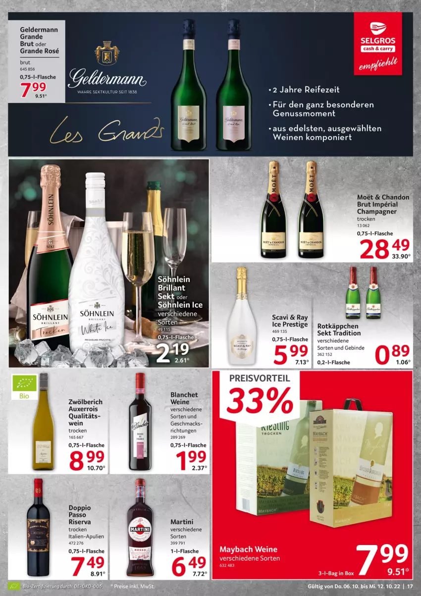 Aktueller Prospekt Selgros - Food - von 06.10 bis 12.10.2022 - strona 17 - produkty: brillant sekt, brut, champagne, champagner, doppio passo, eis, flasche, geldermann, LG, mac, martini, maybach, moet, nuss, passo, preisvorteil, reis, Ria, riserva, rotkäppchen, sekt, söhnlein, söhnlein brillant, Ti, wein, weine