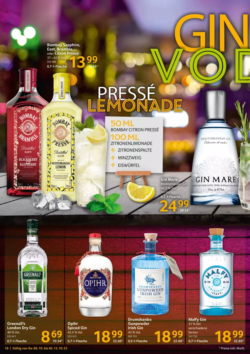 Aktueller Prospekt Selgros - Food - von 06.10 bis 12.10.2022 - strona 18 - produkty: dry gin, eis, eiswürfel, flasche, gin, gin mare, limo, limonade, london dry, london dry gin, olive, rum, sapphire, Ti, würfel, zitrone, zitronen