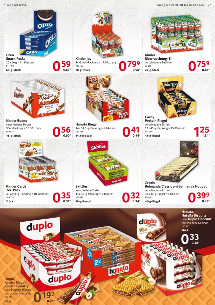 Aktueller Prospekt Selgros - Food - von 06.10 bis 12.10.2022 - strona 27 - produkty: beutel, corny, duplo, eis, hanuta, hipp, Kinder, kinder bueno, kinder country, kinder riegel, nutella, oreo, reis, riegel, skittles, snack, Ti, zentis