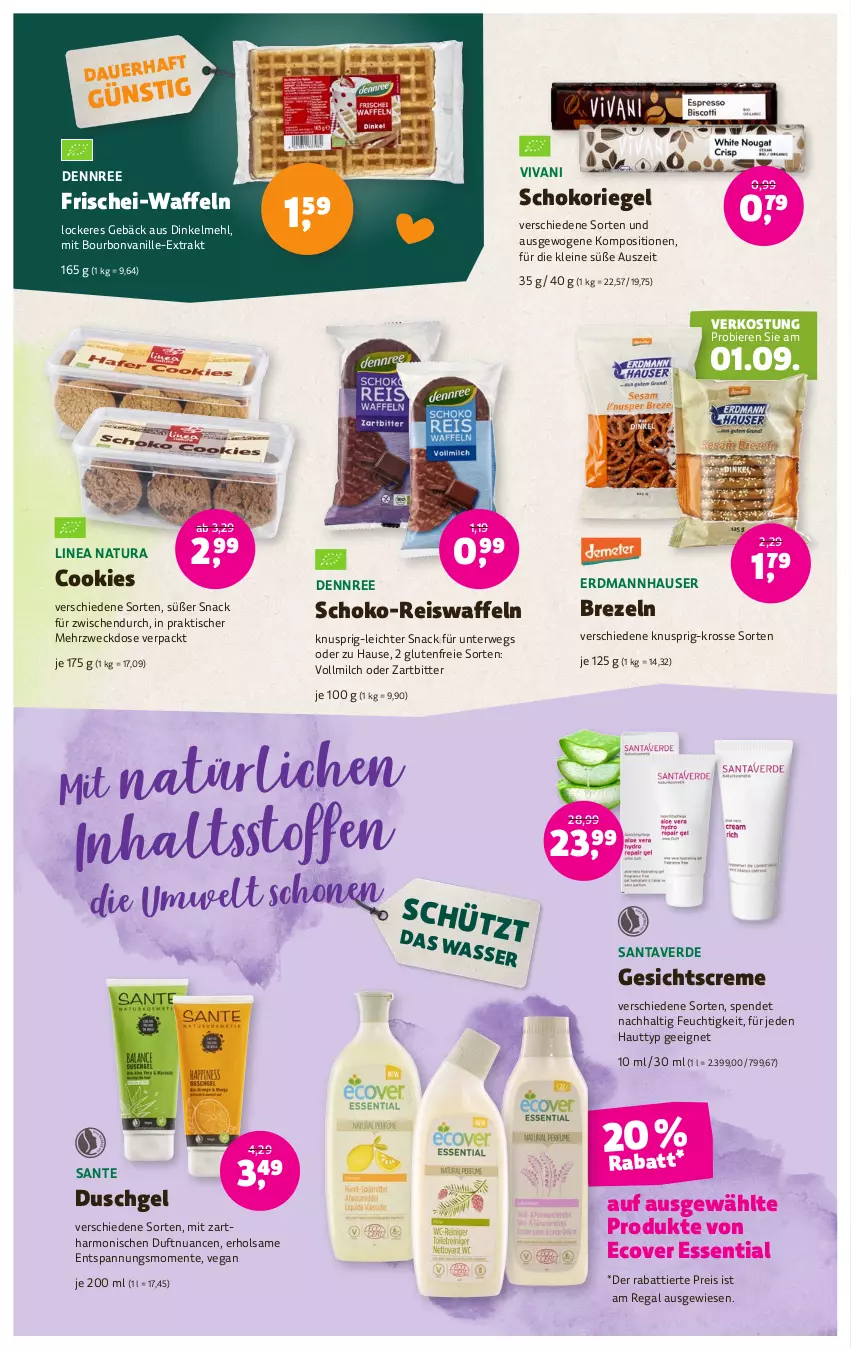 Aktueller Prospekt Denns Biomarkt - Prospekte - von 30.08 bis 12.09.2023 - strona 11 - produkty: auer, bier, Biere, bourbon, bourbonvanille, brezel, Brezeln, cookie, cookies, creme, dennree, dinkelmehl, duschgel, eis, eiswaffeln, ente, erde, Gesichtscreme, leine, linea natura, mehl, milch, natur, natura, Nuance, regal, reis, Reiswaffeln, riegel, rwe, SANTE, schoko, schokoriegel, snack, Ti, tisch, vanille, vollmilch, waffeln, weck