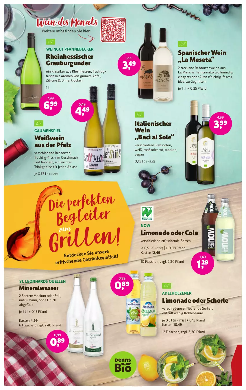 Aktueller Prospekt Denns Biomarkt - Prospekte - von 30.08 bis 12.09.2023 - strona 16 - produkty: adelholzener, Alwa, apfel, burgunder, cola, decke, elle, flasche, frucht, grauburgunder, grill, Holz, limo, limonade, mac, mineralwasser, nuss, pfanne, rebsortenweine, schorle, tempranillo, Ti, wasser, wein, weine, Weißwein, zitrone