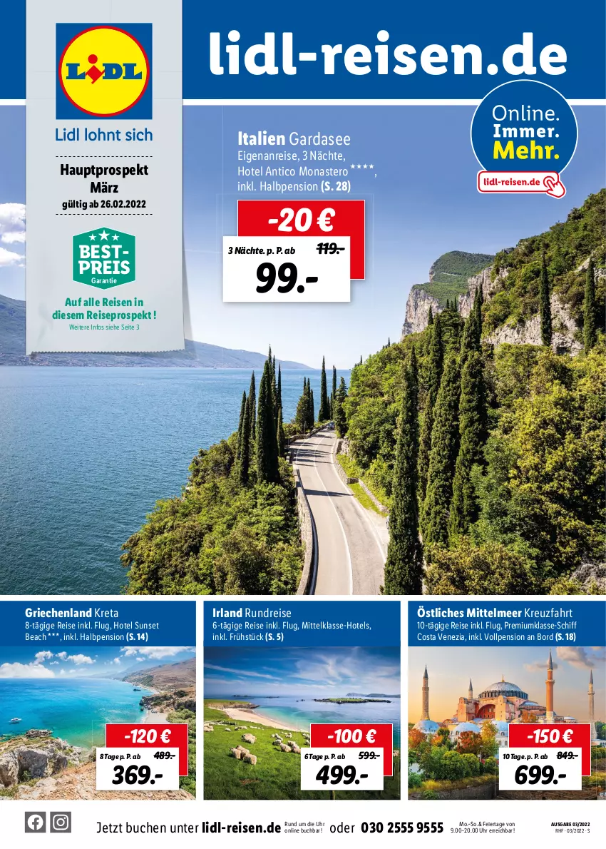 Aktueller Prospekt Lidl - Monatliche Reise-Highlights - von 26.02 bis 30.04.2022 - strona 1 - produkty: bestpreis, buch, eier, eis, italien gardasee, reis, Ti, uhr